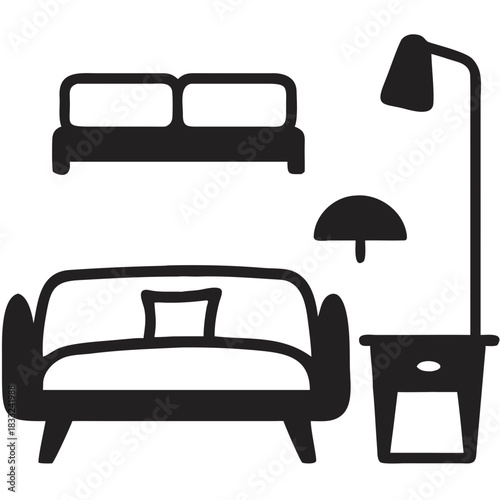 Illustration of a living room setup with two sofas, a floor lamp and a small table rendered in black