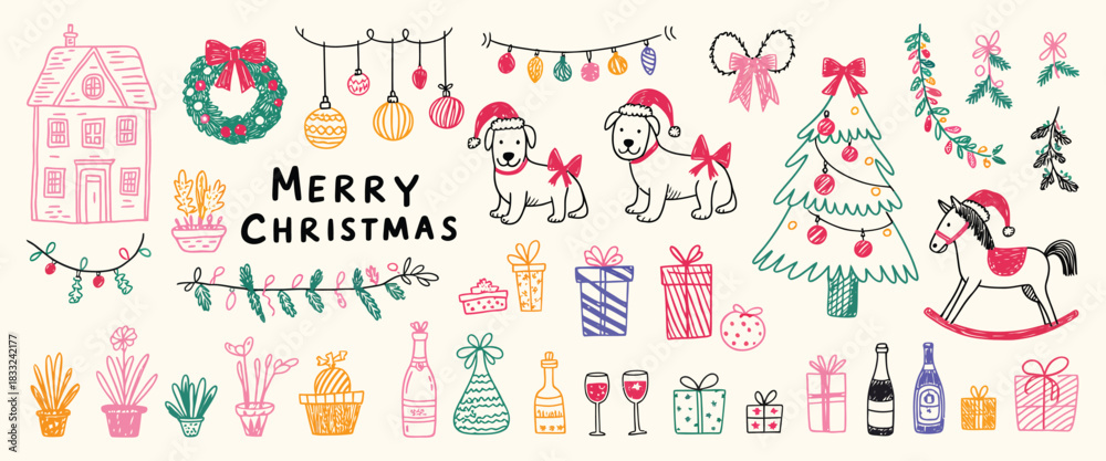Fototapeta premium Christmas Whimsical Icon Set In Hand-Drawn Illustration Style Featuring Holiday Tree With Bow, Festive House, Seasonal Wreath, Cute Dogs, Winter Garland, And Party Disco Ball Sketch Elements