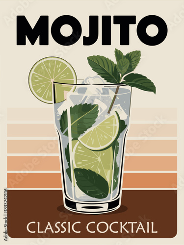 Retro 1950s-style Mojito poster with a tall glass, mint leaves, lime slices, bold MOJITO title, and vintage pastel colors. Classic vector cocktail design with nostalgic mid-century layout