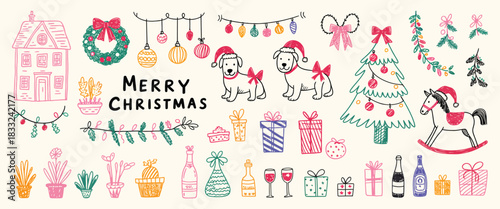 Christmas Whimsical Icon Set In Hand-Drawn Illustration Style Featuring Holiday Tree With Bow, Festive House, Seasonal Wreath, Cute Dogs, Winter Garland, And Party Disco Ball Sketch Elements
