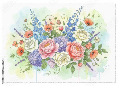 Watercolor Floral Bouquet Illustration with Roses, Poppies, Hydrangeas, Delphiniums, Butterflies and Bees on Textured Paper