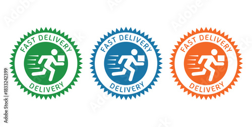 Three fast delivery badges showing a runner carrying a package in green, blue, and orange.
