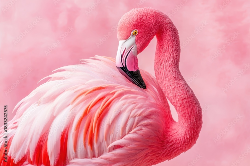 Fototapeta premium Pink flamingo decoration with vibrant pink feathers standing on a light pink background