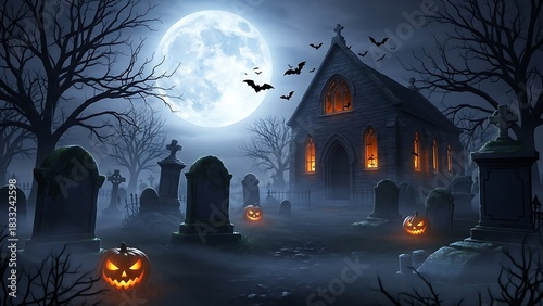 Spooky Halloween Night Scene with Haunted House and Cemetery.