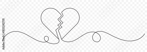 Minimalist broken heart icon in black and white line art style. On Transparent Background. EPS 10.
