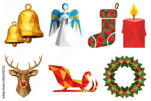 Set of low poly geometric christmas holiday icon element collection isolated on transparent background
