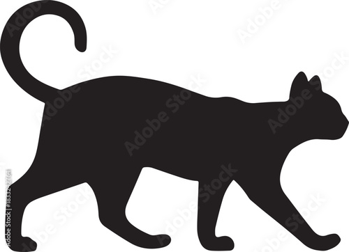 Black Silhouette of a Cat Walking with its Tail Curled on a White Background animal
