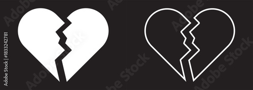 Minimalist broken heart icon in black and white line art style. On Transparent Background. EPS 10.