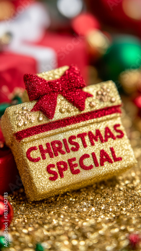 A glittery gold gift box ornament with a red bow and the words 'Christmas Special' is displayed on a sparkling golden surface. Festive decorations and blurred holiday colors.