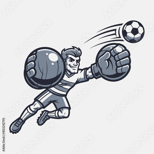 A dynamic cartoon soccer goalkeeper in mid-air making a spectacular save with oversized gloves.