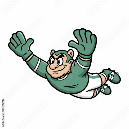 Cartoon soccer goalkeeper mascot character in a green uniform diving to make a spectacular save.