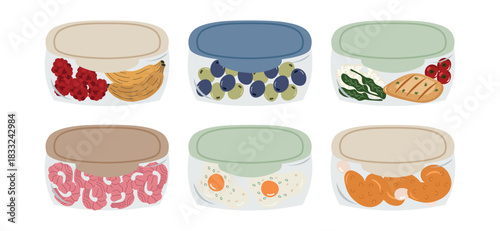 Set of containers with healthy meals. Vector illustration of meal prep and light eating.