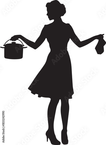 Black Silhouette of a Woman in a Dress Holding a Pot and Cloth retro vintage