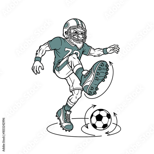 A cartoon American football player mascot with a beard kicking a soccer ball.