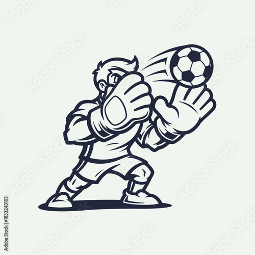 Monochrome line art illustration of a soccer goalkeeper mascot making a save.