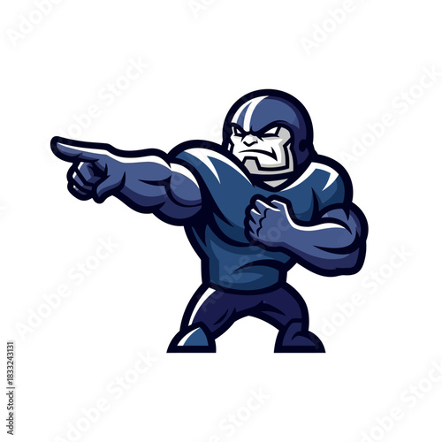 A powerful cartoon American football player mascot in a blue uniform pointing assertively.