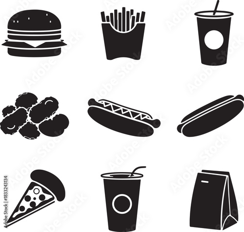 Collection of black fast food icons including burger fries drinks pizza and hot dogs hamburger french fries