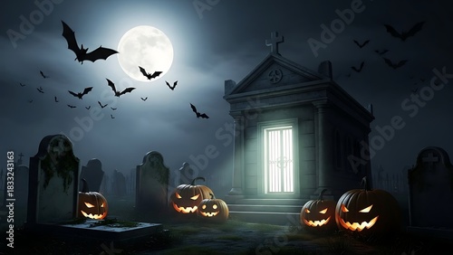Spooky Halloween Night Cemetery Scene with Pumpkins and Bats.