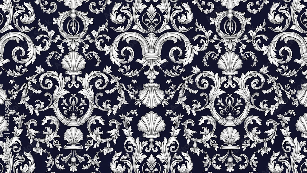 Fototapeta premium Ornate white baroque pattern with seashells and floral elements on a dark navy blue background