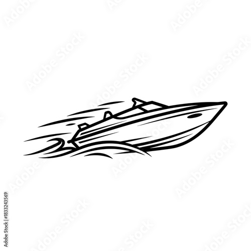 Sleek speedboat outline illustration with dynamic motion lines ideal for transport, marine, and nautical themed designs