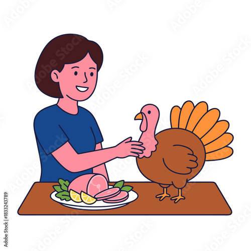 A smiling person in a blue shirt gently touches a turkey next to a plate of sliced ham with lemon and lettuce a simple brown table setting Thanksgiving celebration concept