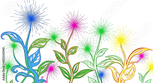 Bright Abstract Floral Energy Bursts with Vibrant Colorful Light Effects on a White Background