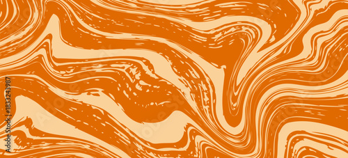 Retro caramel line background. Salted caramel liquid desert texture. Wavy swirl candy pattern for poster, cover, banner, pamphlet. Orange hippie wallpaper in 60s or 70s style.