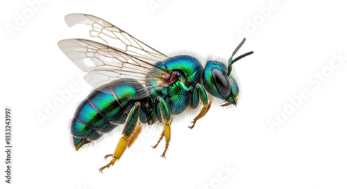 Isolated Green Orchid Bee closeup, beautiful metallic insect, in flight, pollinator, tropical