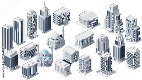 Isometric city buildings collection, modern skyscrapers, office towers, classical architecture landmarks, urban skyline elements, detailed metropolitan building illustration set