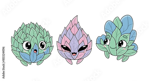 Cute leafy plant monster characters with expressive faces and pastel hues in a playful botanical fantasy design.