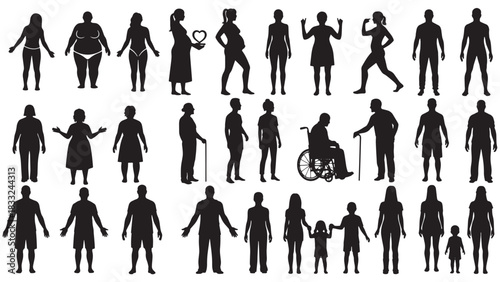 Large collection of diverse human silhouettes standing and posing on white background