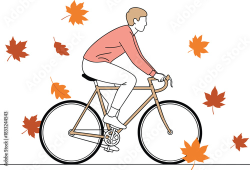 Man riding bicycle in autumn season with falling leaves, outdoor cycling illustration, healthy lifestyle activity, fall nature background art
