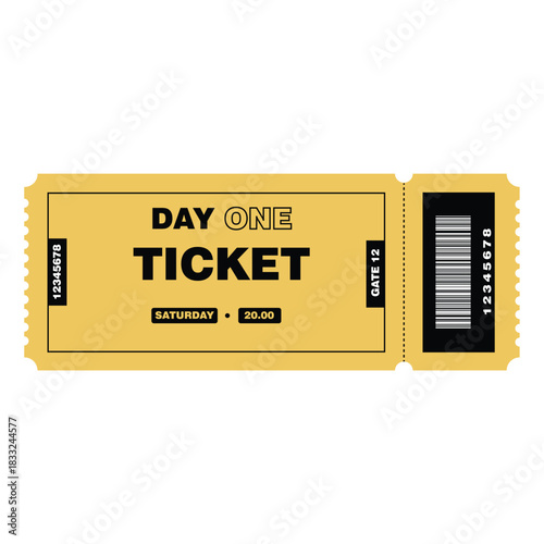 Yellow concert or festival admission ticket design vector illustration. Event pass, stub, or coupon for music show, party, or movie. Isolated object with barcode and time details for entry