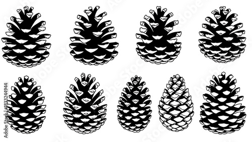 Collection of Diverse Pine Cones in Silhouette – Black Pinecone Vector Set on White Background