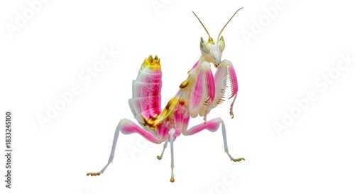 Isolated Orchid Mantis Hymenopus coronatus, pink and yellow praying mantis insect nature animal