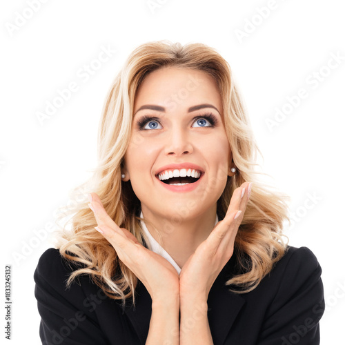 Portrait image - shocked looking up businesswoman with expressive open eyes, mouth, isolated over white background. Woman in business jacket, raises hands to her cheeks, astonishment emotion. Square