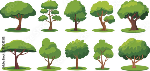 Cartoon tree collection with diverse foliage styles, trunk shapes, and grassy bases for nature-themed design and educational illustration.