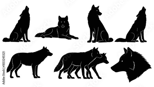 Wolf pack silhouette set in various poses on white background