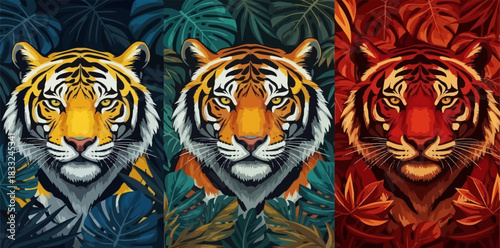 Three tiger heads in different colors with tropical leaf backgrounds