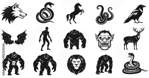 Collection of mythical creatures in black and white silhouette style