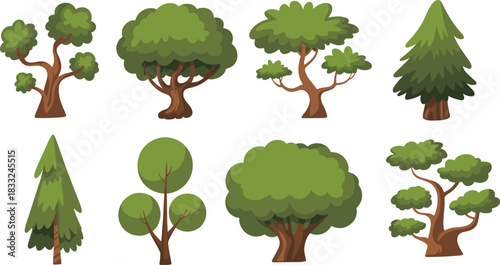 Cartoon tree collection with diverse foliage styles, trunk shapes, and seasonal variety for nature-themed design and educational illustration.