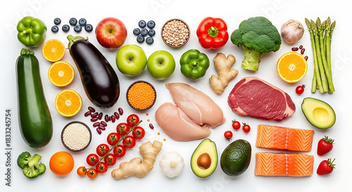 Fototapeta Naklejka Na Ścianę i Meble -  Assortment of fresh raw food ingredients including vegetables fruits meat and fish isolated on white background