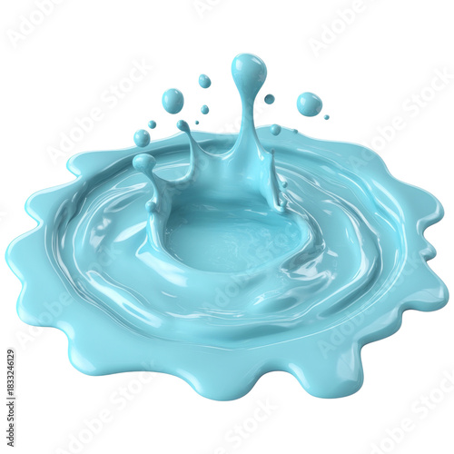 Blue liquid splash with droplets creating ripples and glossy texture, showing viscous fluid movement in dynamic motion