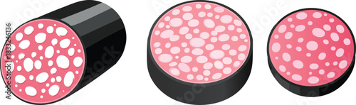 Fresh sliced salami sausage illustration with pink meat white spots in clean minimal graphic rendering