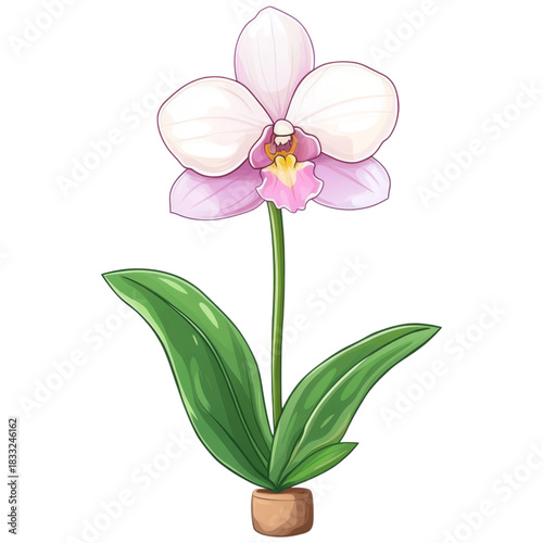 Stylized orchid flower with soft pink petals and vibrant green leaves in small pot, showcasing natural beauty and delicate elegance