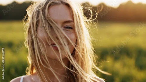 A woman's face, her hair tousled by wind in a field, smiling, and bathed in golden light
