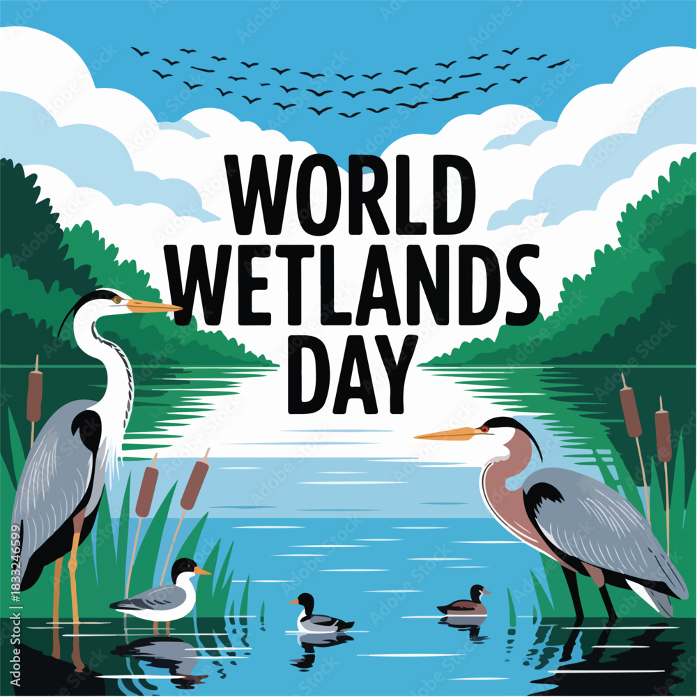 Fototapeta premium World Wetlands Day Celebration with Herons and Ducks
