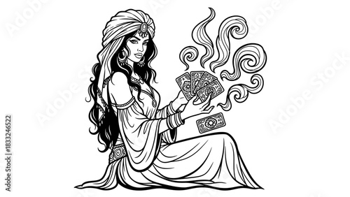 Fortune teller woman with turban sitting and holding tarot cards with smoke coming out of them.