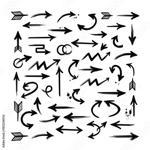 Collection of many hand-drawn black arrows in a variety of styles, shapes, and directions for graphic design and user interface concepts.