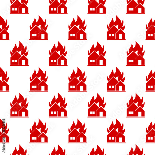Fire in burning house seamless pattern isolated on white background